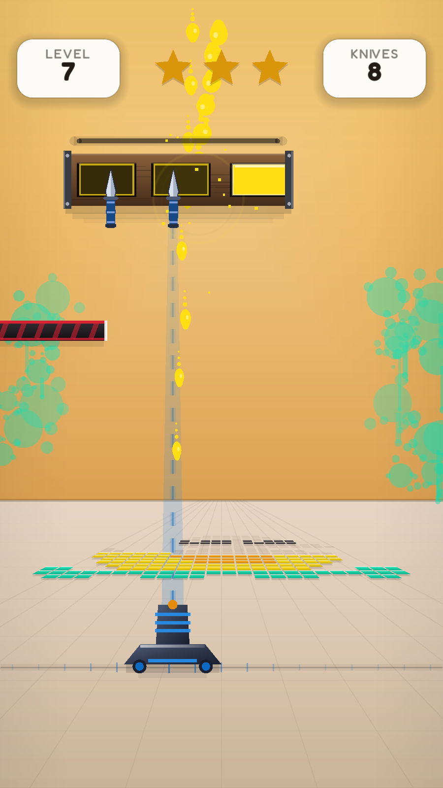 Paintblade gameplay: knives pinned into colour-coded zones on the swinging target bar