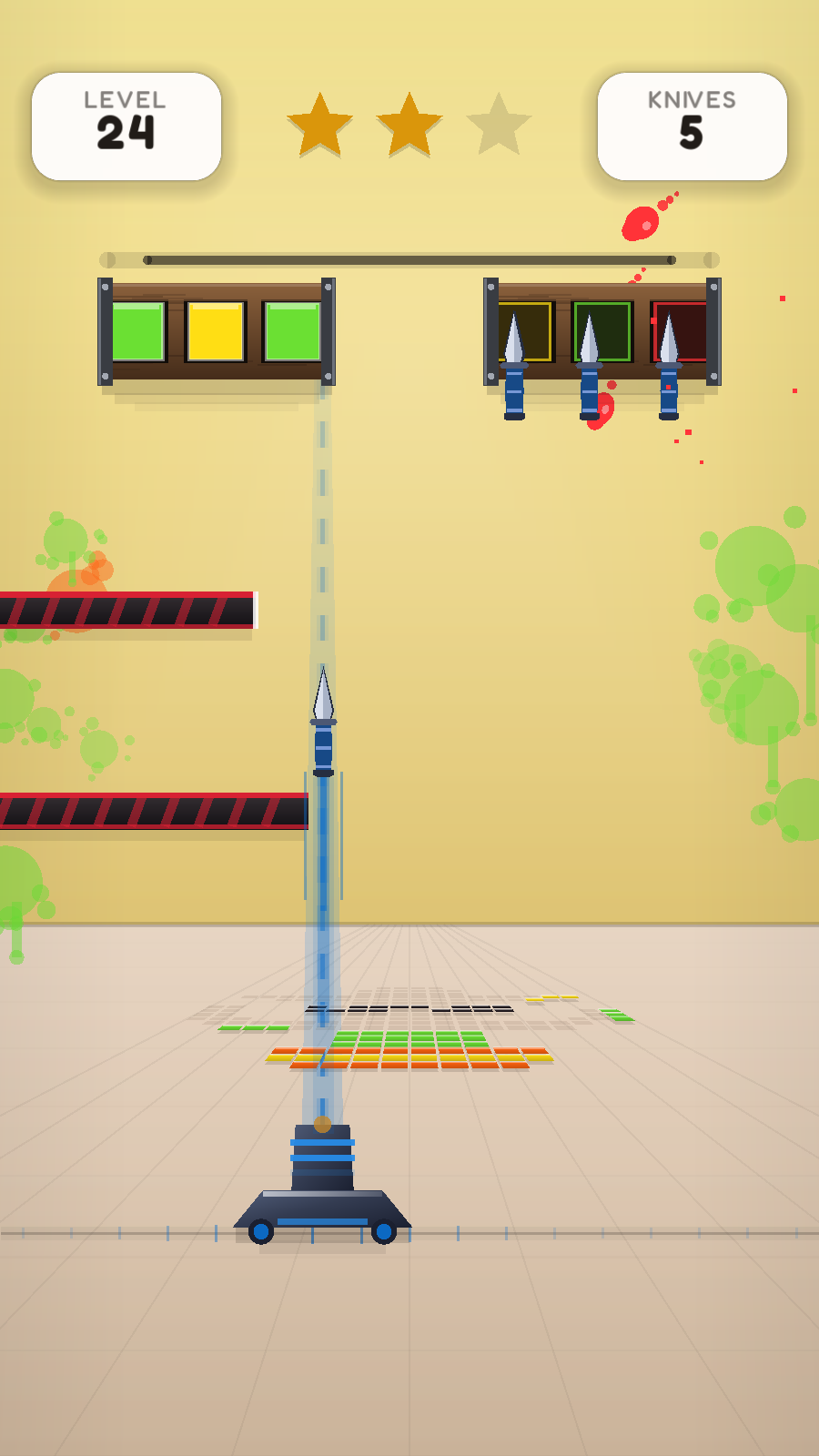 Paintblade gameplay: a knife in flight up the lane past a traversing blocker bar