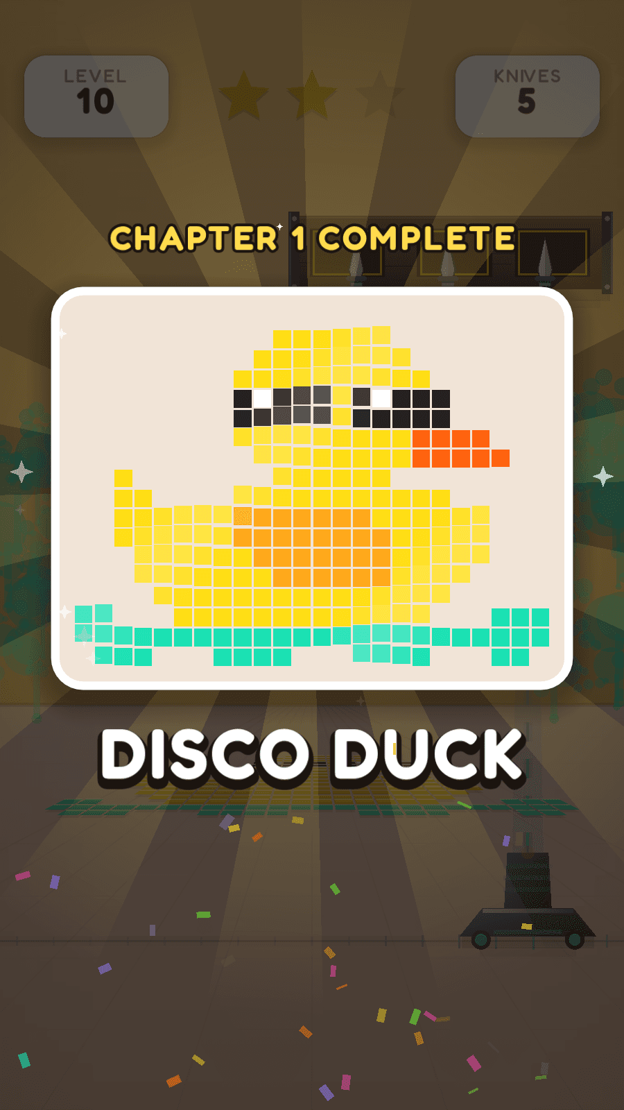 Paintblade chapter complete: a finished pixel picture of a rubber duck in sunglasses, named Disco Duck